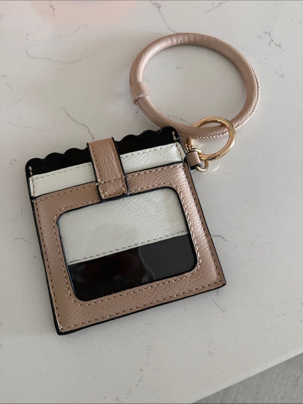 Tan and White Leather Cardholder Keyring Wristlet